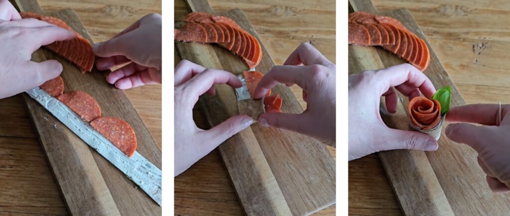 roosjes maken van salami en wraps als borrelhapje